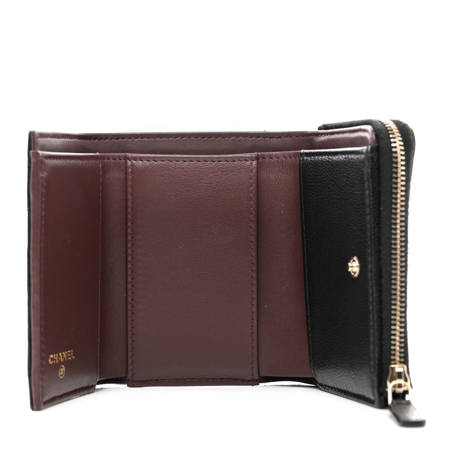 Caviar Quilted CC Zip Compact Trifold Wallet Black