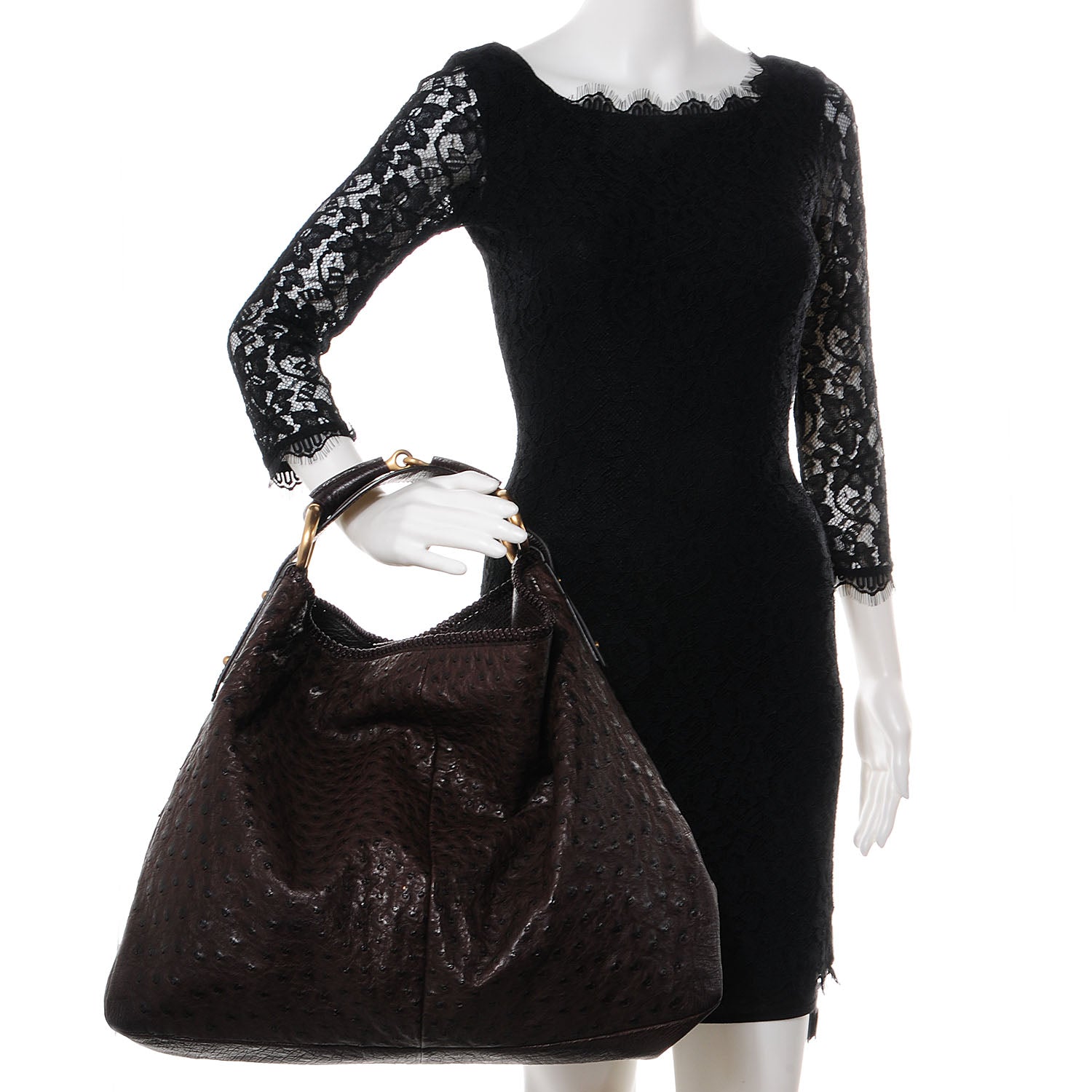 Gucci Ostrich Large Horsebit Chain Hobo Brown 2 of 7