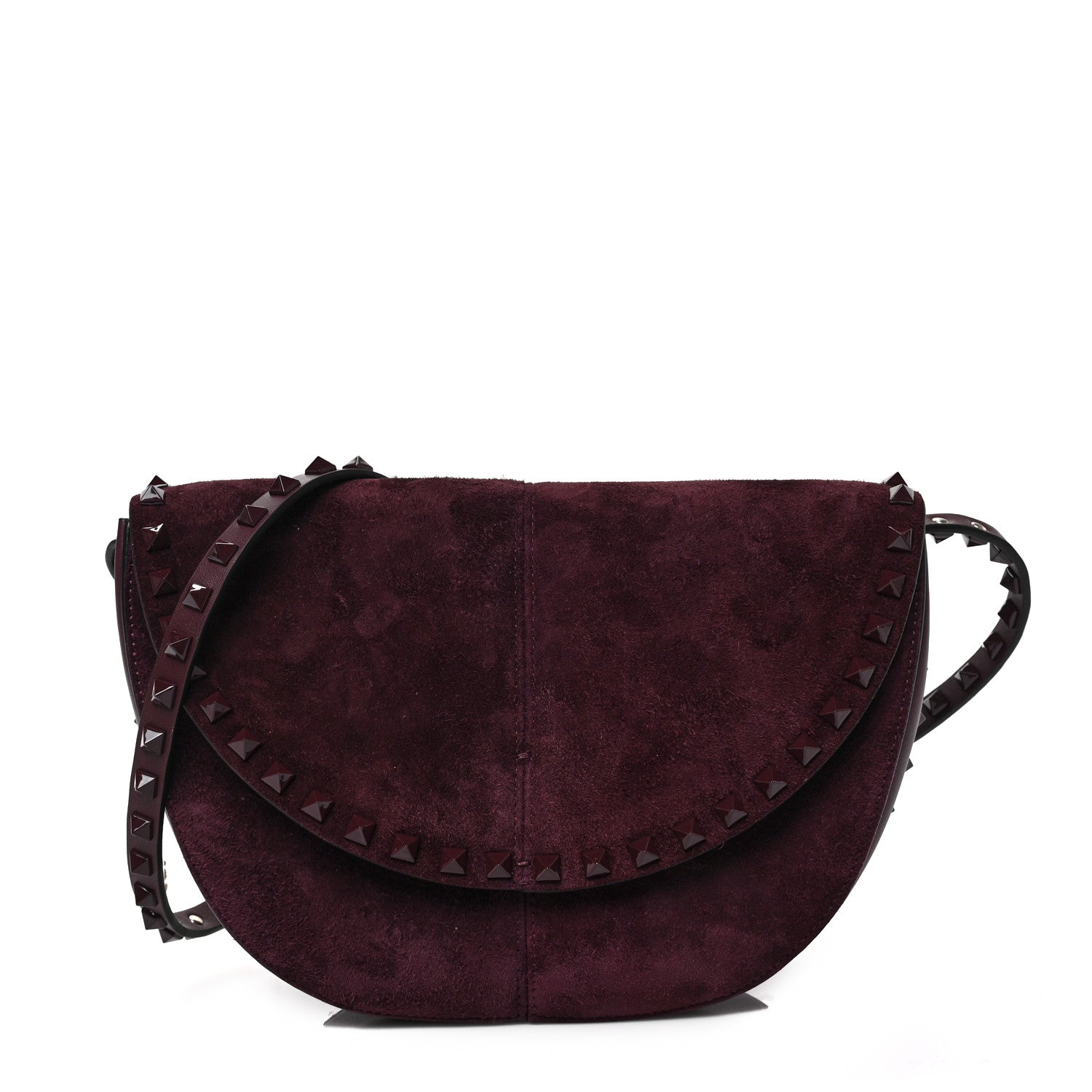 Valentino Garavani Suede Calfskin Rockstud Halfmoon Saddle Bag Rubin 1 of 8