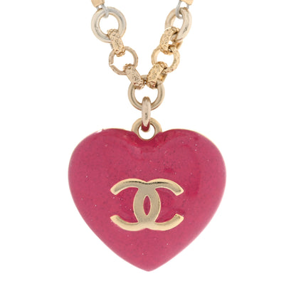 Chanel Resin Crystal Pearl Chain Heart CC Drop Necklace Pink White Gold 6 of 9