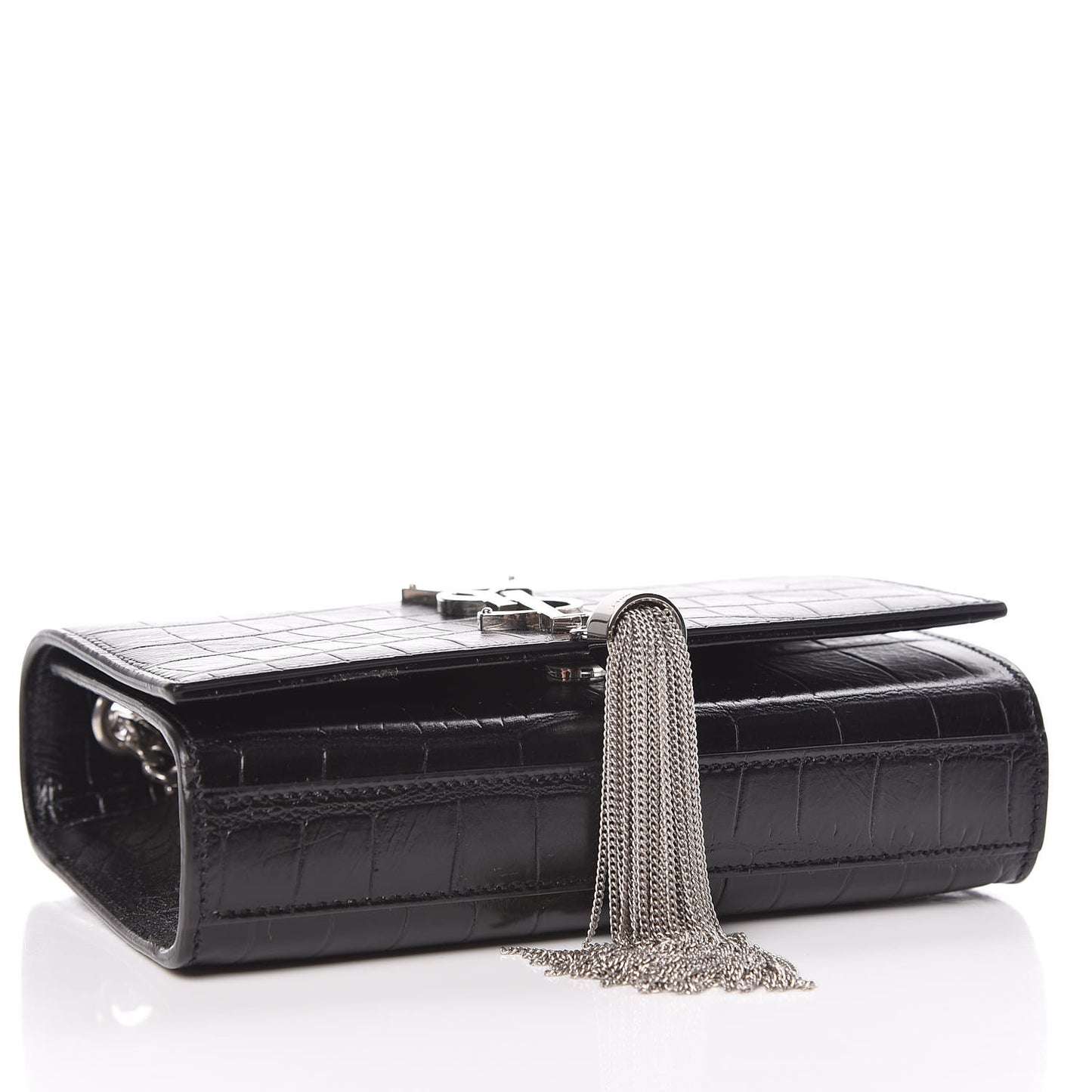Calfskin Crocodile Embossed Small Classic Monogram Kate Tassel Satchel Black