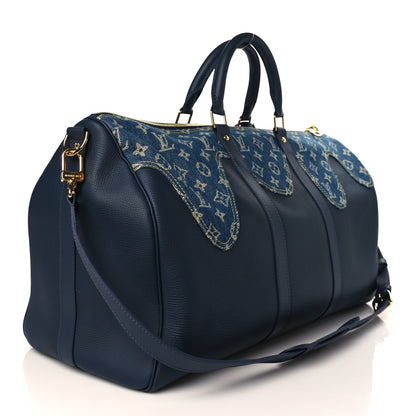 Louis Vuitton X NIGO Taurillon Monogram Denim Drip Keepall Bandouliere 50 Blue 3 of 8