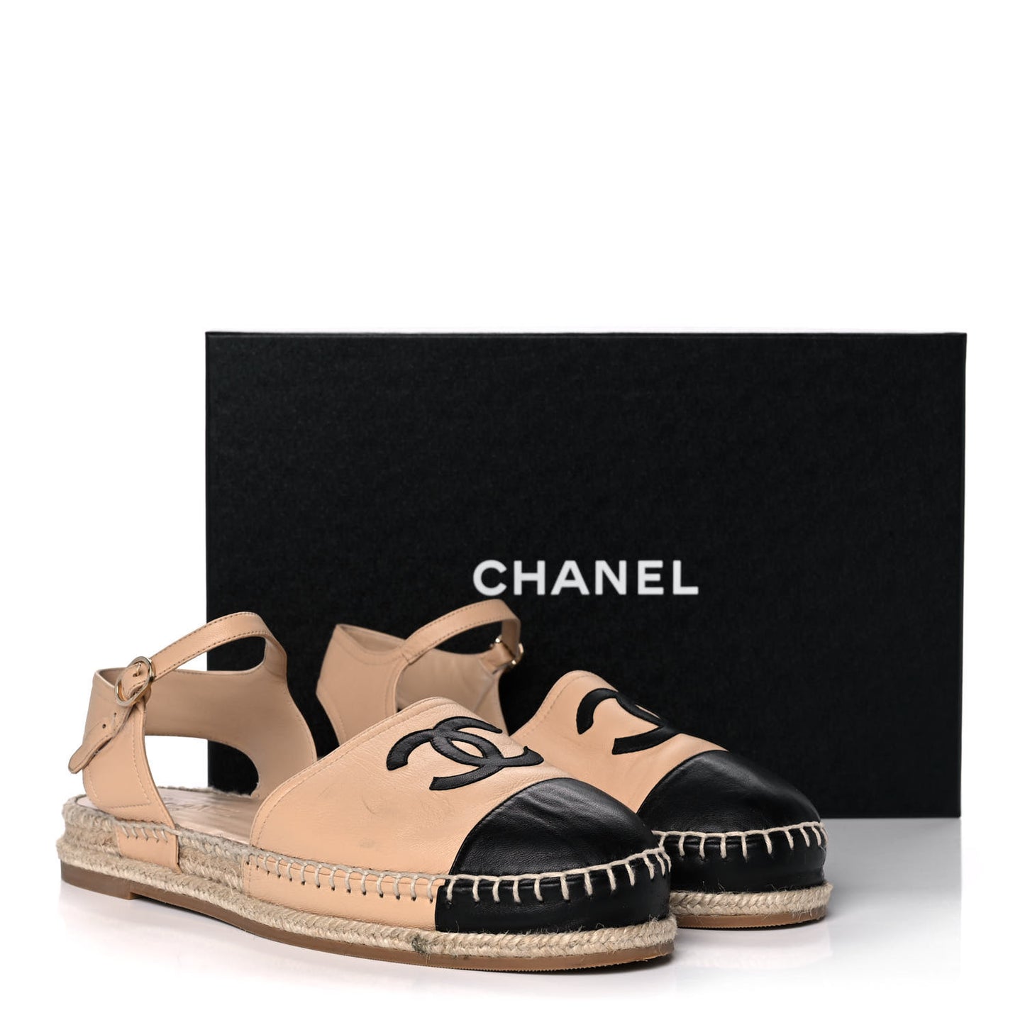 Lambskin Cap Toe CC Espadrille Sandals 42 Beige Black