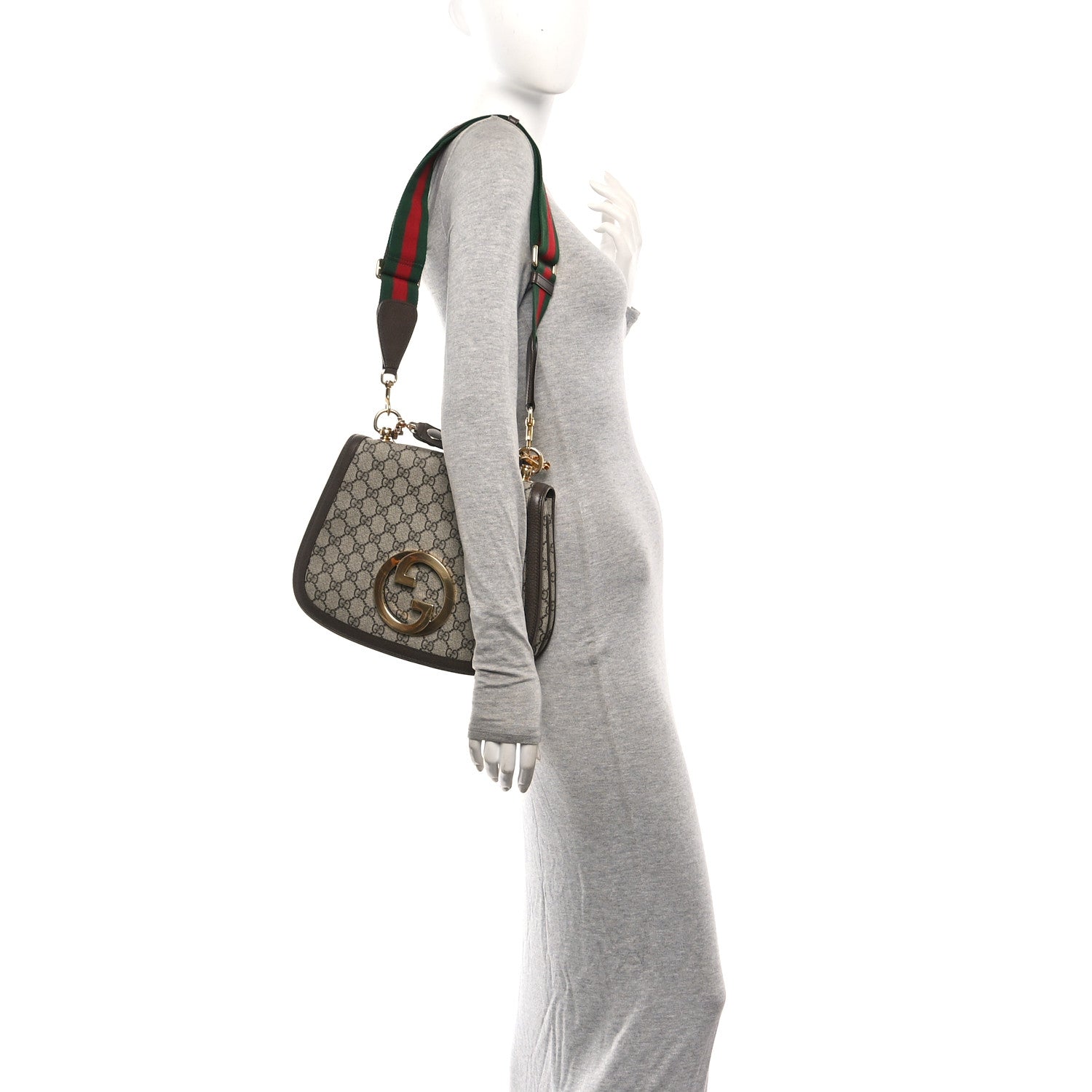 Gucci GG Supreme Monogram Textured Dollar Calfskin Web Medium Blondie Top Handle Shoulder Flap Bag Beige Ebony New Acero 2 of 11