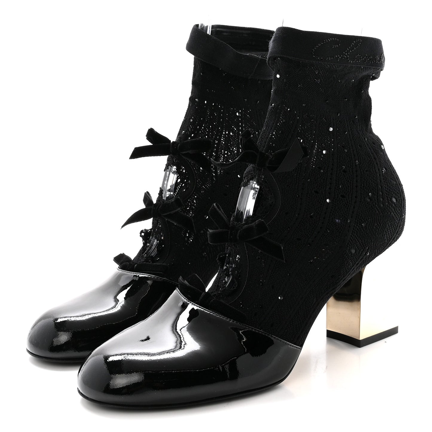 Mixed Fabric Patent Strass Short Boots 40 Black