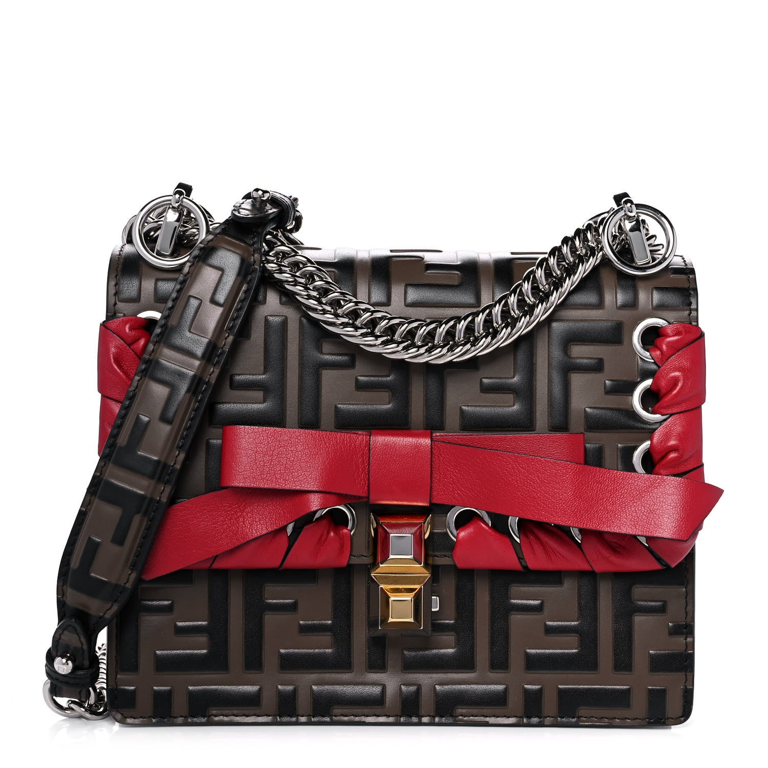 Fendi Vitello Shiny Nappa Bi-Color FF 1974 Lace Up Bow Embossed Small Kan I Shoulder Bag Maya Black Fragola 1 of 21