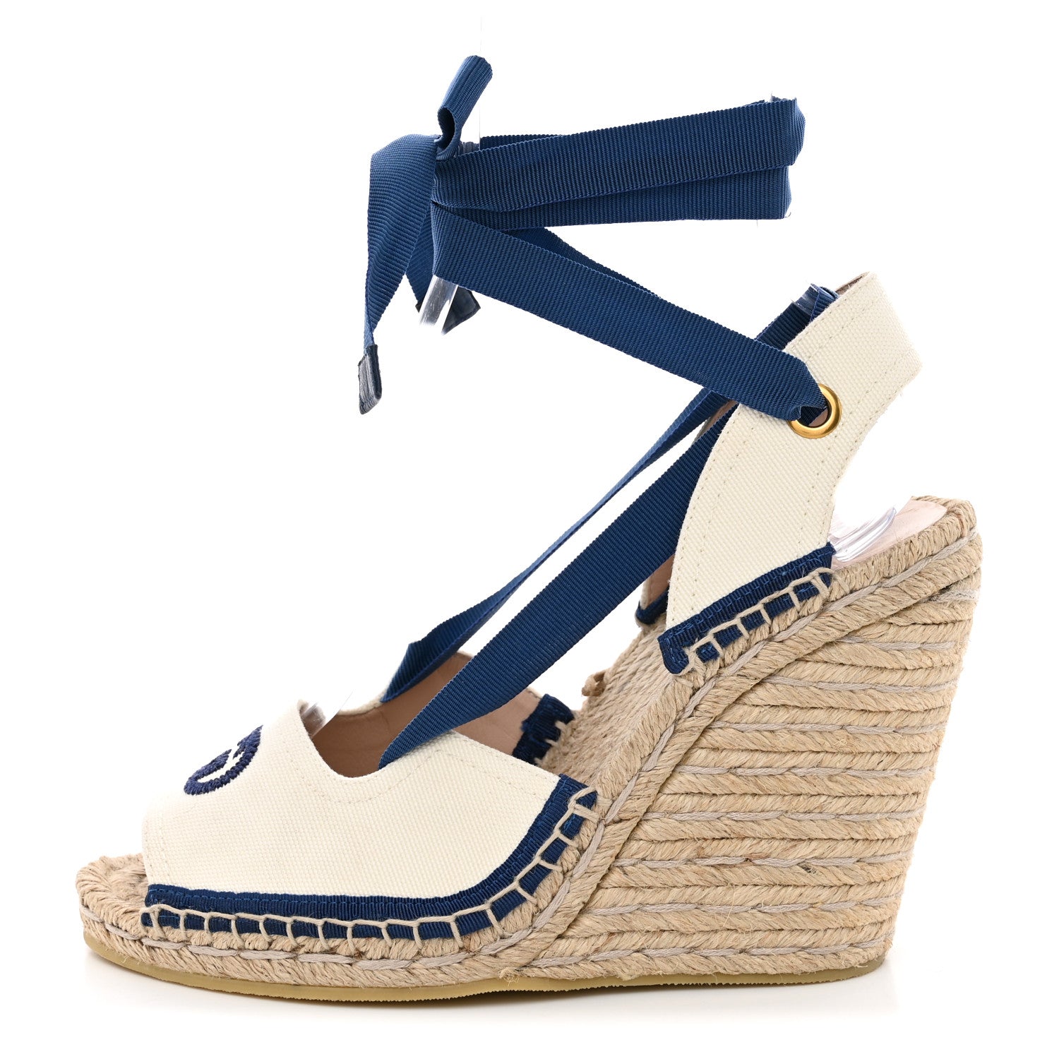 Gucci Canvas GG Ankle Wrap Platform Espadrille Wedges 37 Mystic White Royale Blue 1 of 12