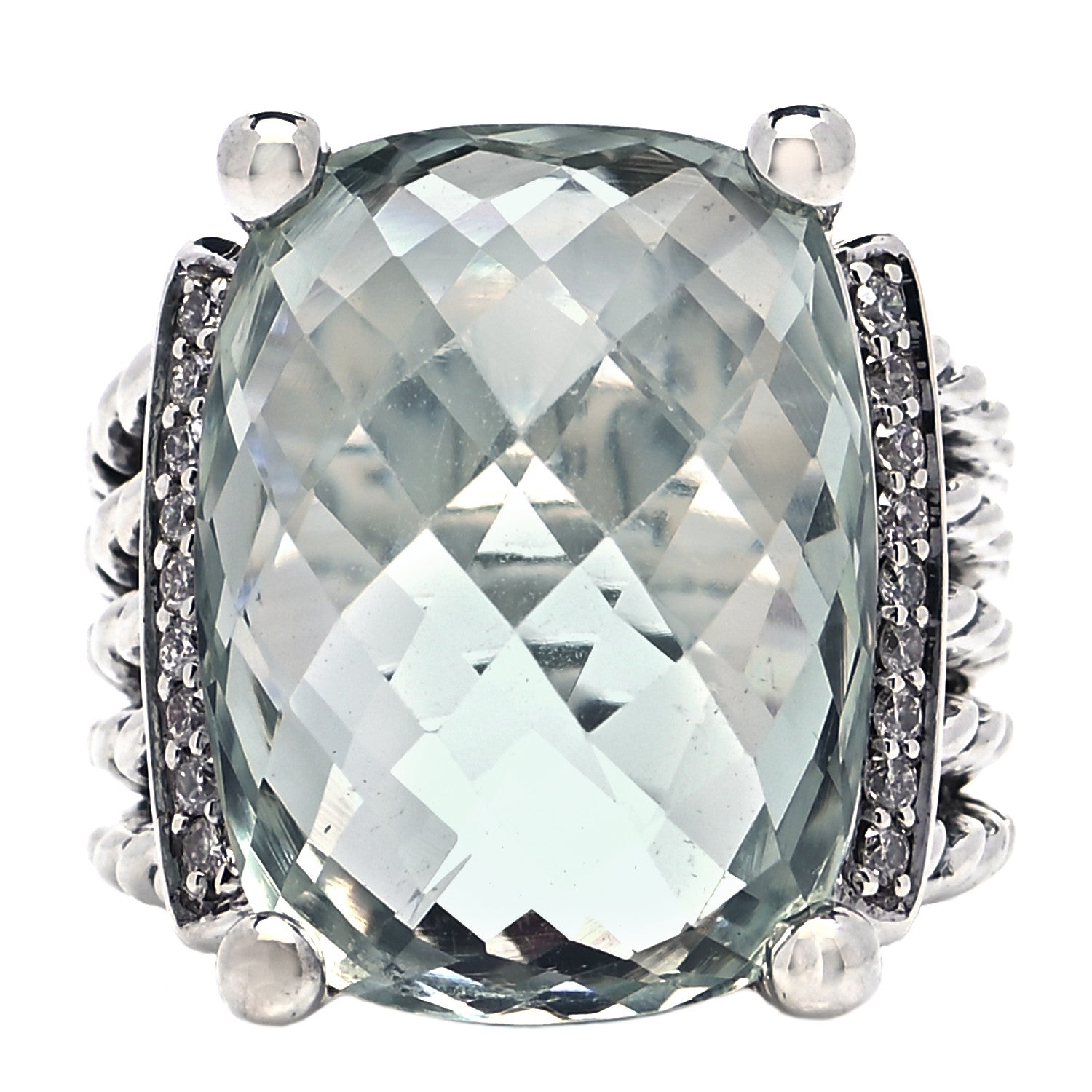 David Yurman Sterling Silver Diamond Prasiolite 20mm Wheaton Ring 52 6 1 of 4