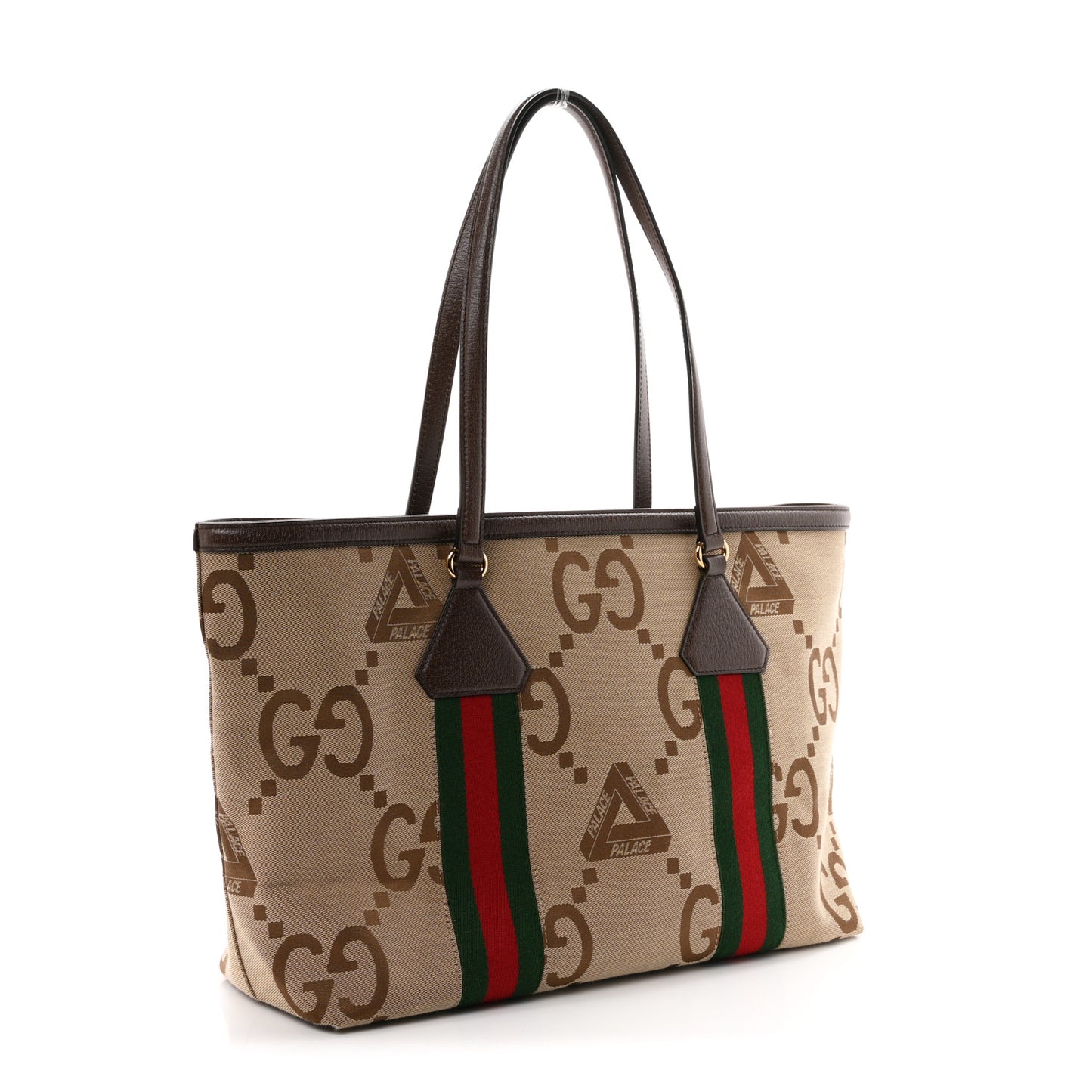 X PALACE Monogram Jumbo GG Textured Dollar Calfskin Web Medium Ophidia Shopping Tote Camel Ebony