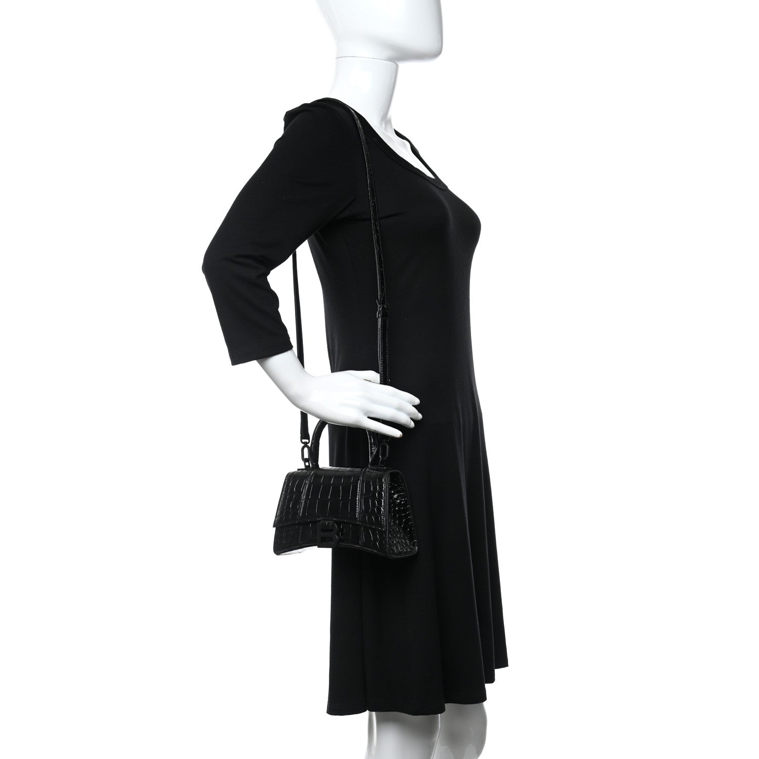 Balenciaga Shiny Calfskin Crocodile Embossed Hourglass Chain Bag Black 2 of 9
