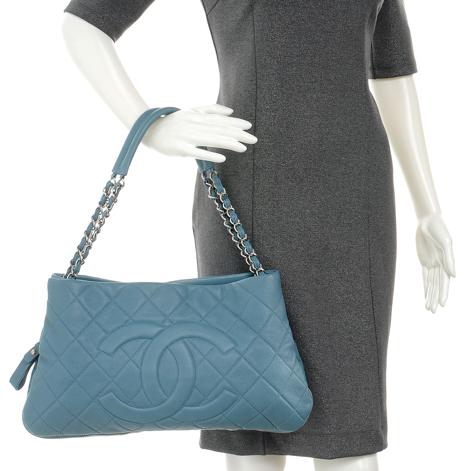 Chanel Caviar Expandable Zip Shoulder Bag Blue 2 of 7