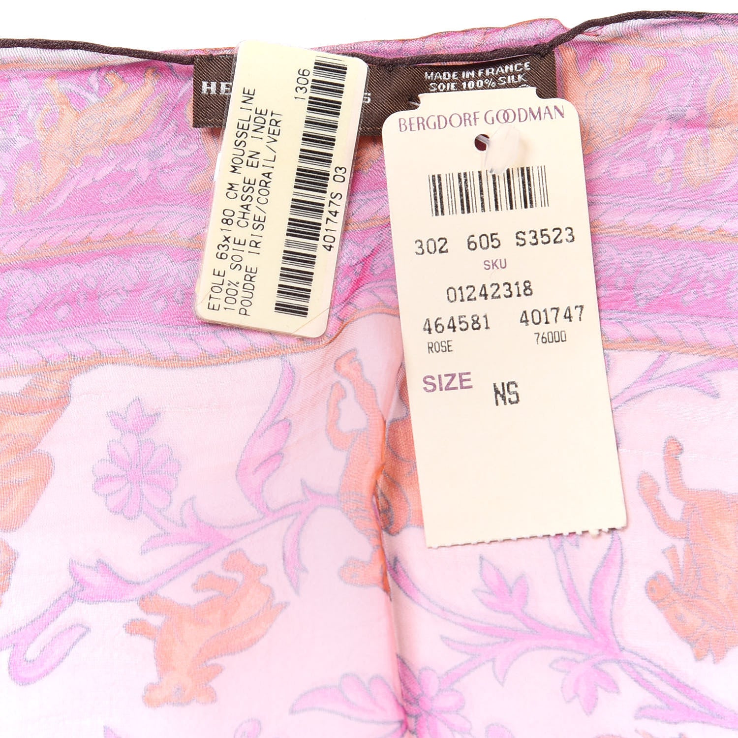 Hermes Silk Mousseline Chasse En Inde Stole Poudre Irise Corail Vert 3 of 4
