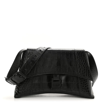 Balenciaga Extra Supple Calfskin Crocodile Embossed Monochrome Small Downtown Shoulder Bag Black 1 of 8