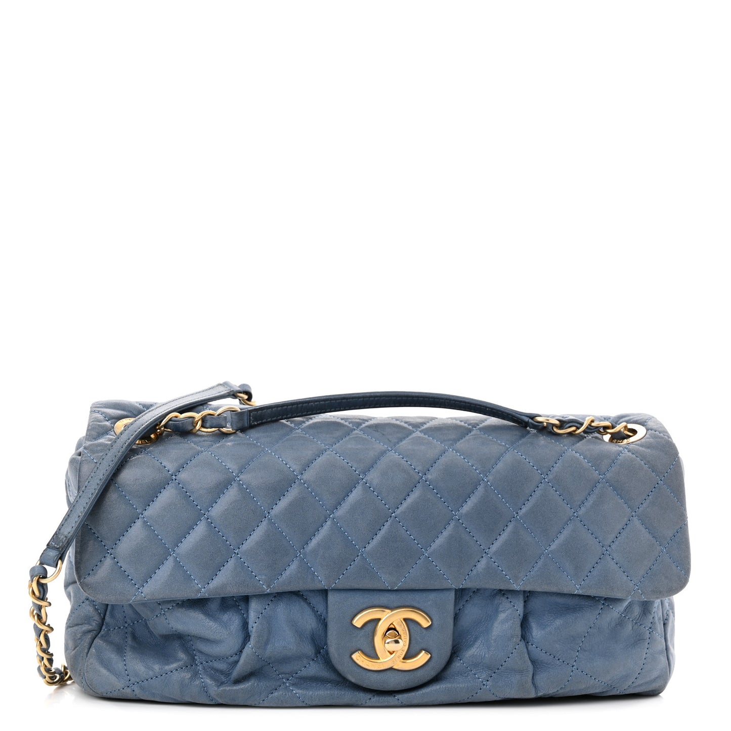 Iridescent Calfskin Large Chic Quilt Flap Dark Blue