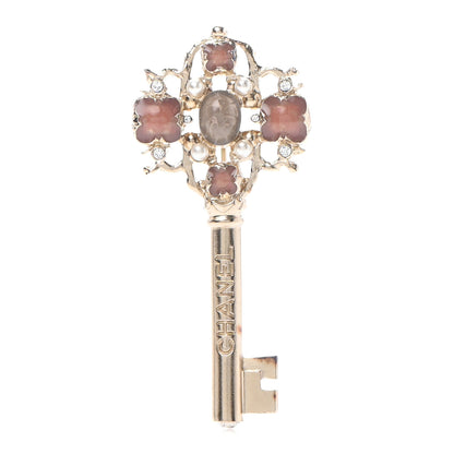 Chanel Gripoix Poured Glass Pearl Key Brooch Gold Pink 1 of 9