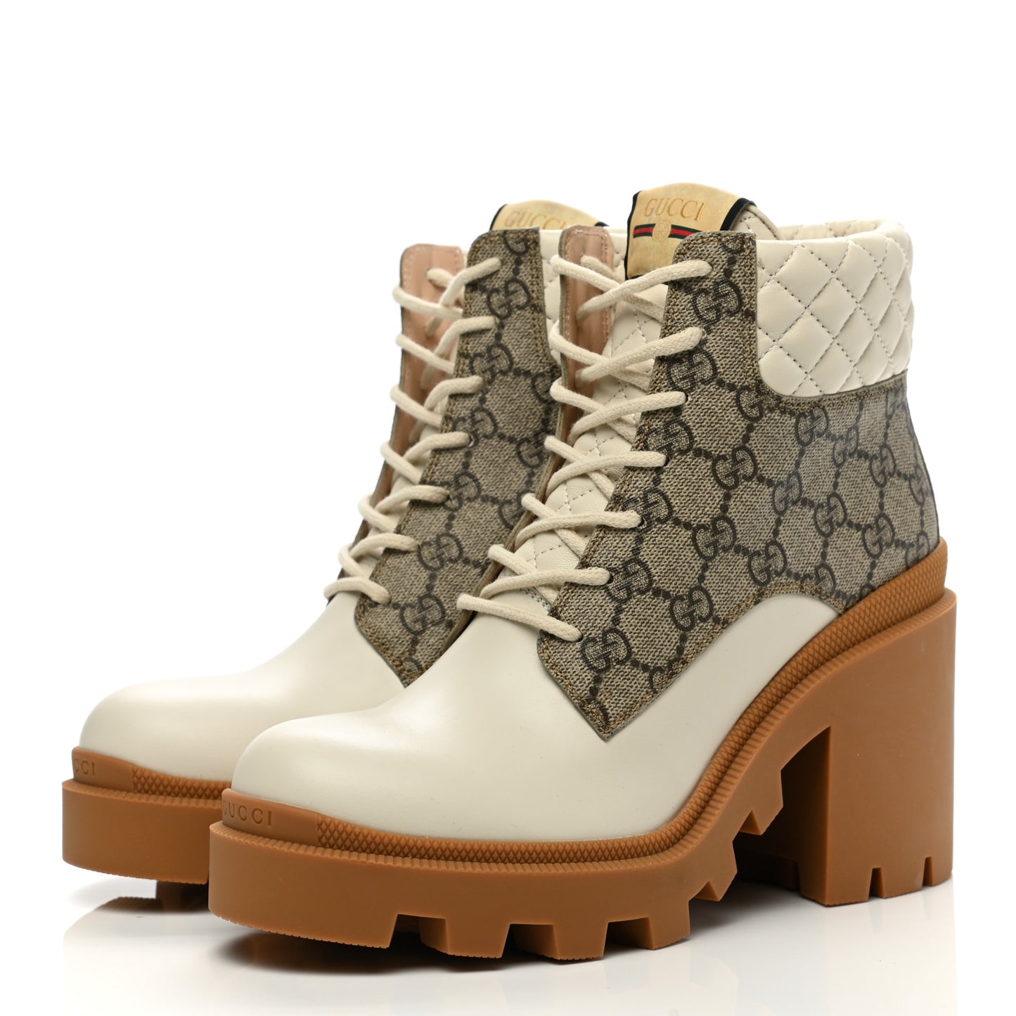 Calfskin GG Supreme Monogram Nappa Quilted Lace Up Ankle Boots 39.5 Mystic White Beige