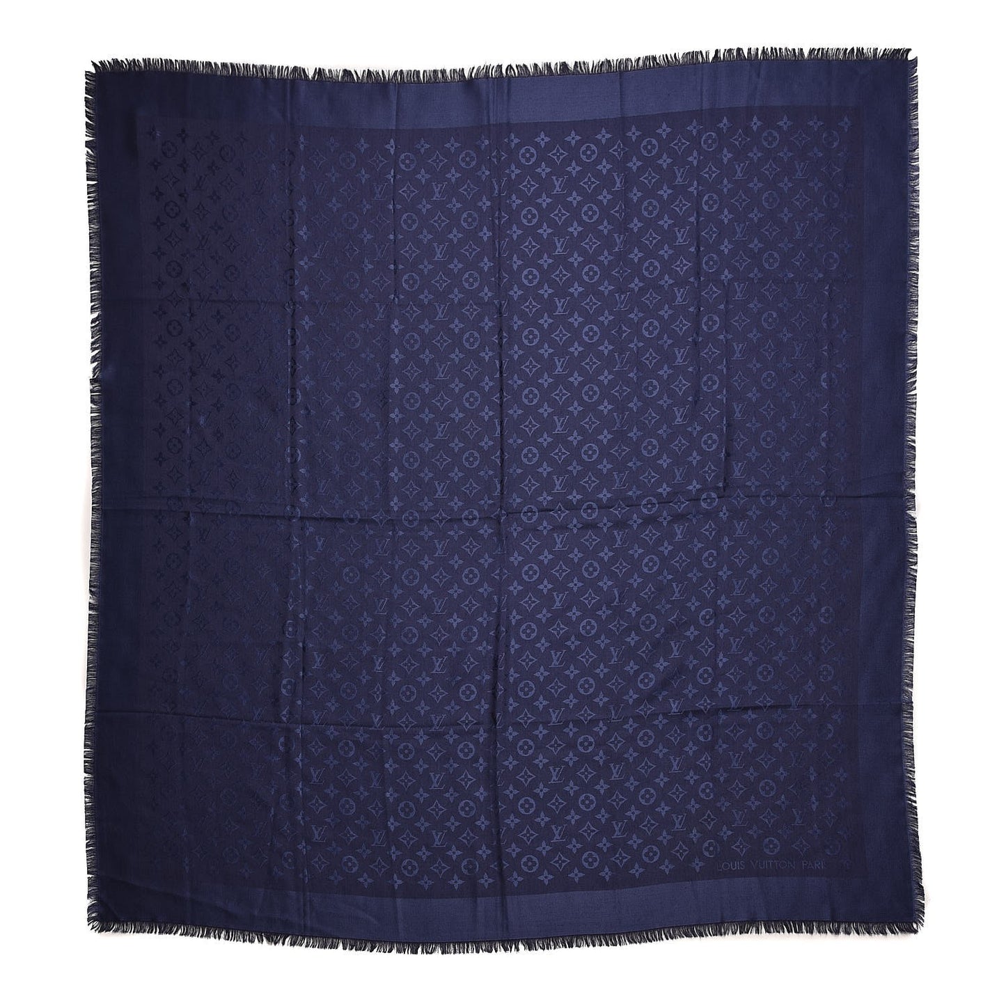 Wool Silk Monogram Shawl Blue Nuit