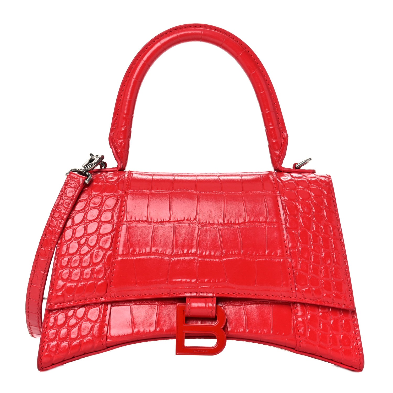 Balenciaga Shiny Calfskin Tonal B Crocodile Embossed Small Hourglass Top Handle Bag Bright Red 1 of 17