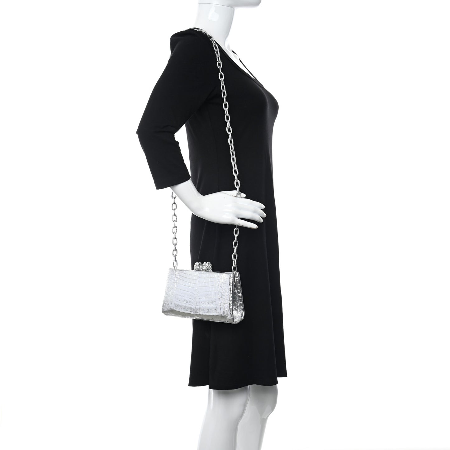Metallic Crocodile Chain Clutch Silver