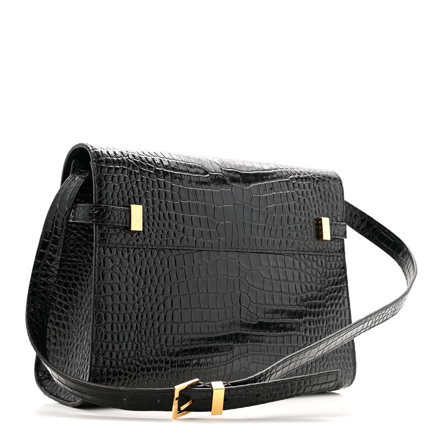 Saint Laurent Shiny Calfskin Crocodile Embossed Manhattan Baguette Black 3 of 11