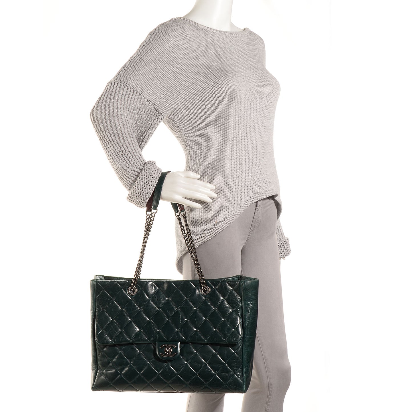 Glazed Calfskin Quilted Duo Color Large Tote Dark Green
