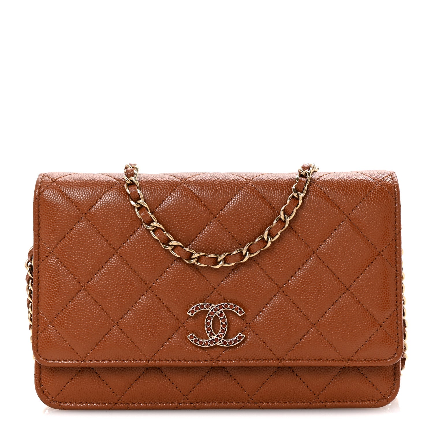 Chanel Shiny Caviar Quilted Strass Wallet On Chain WOC Light Brown 1 of 25