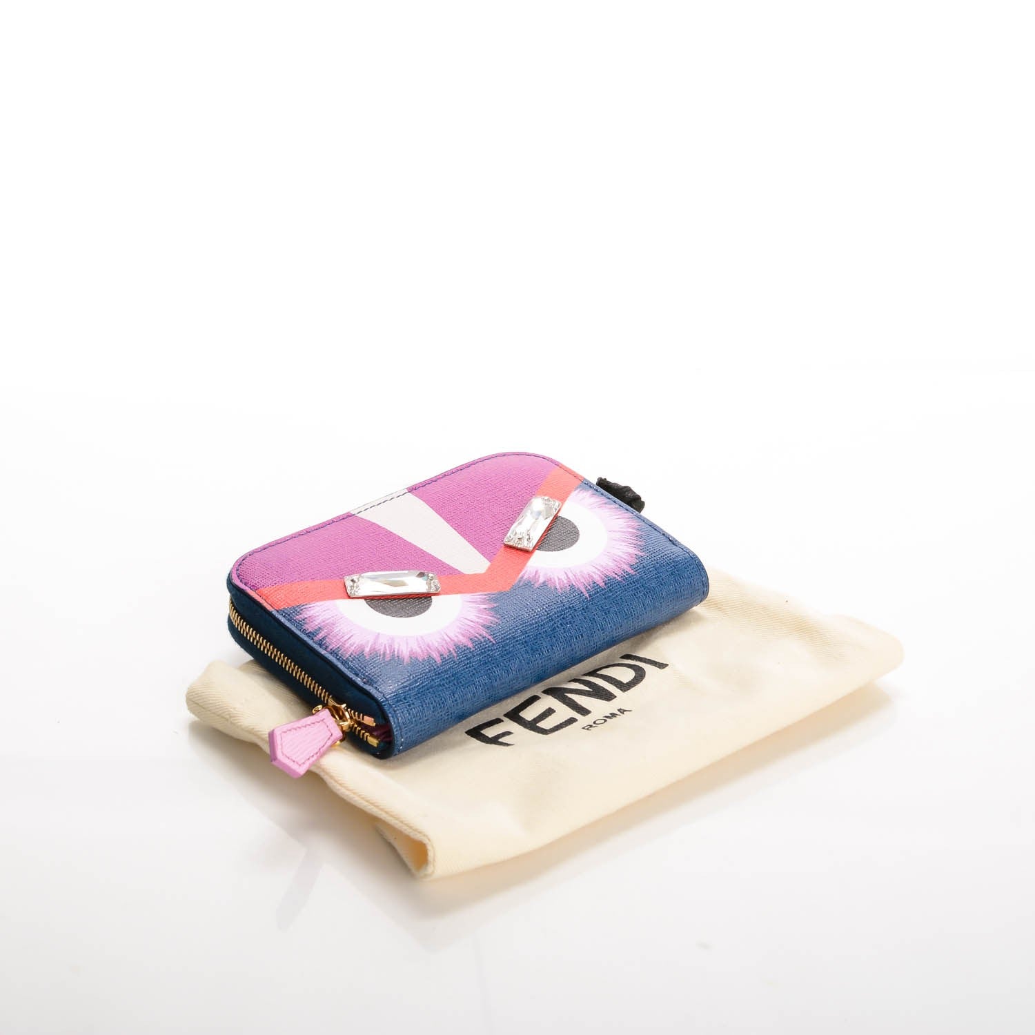 Fendi Vitello Elite Crystal Eye Monster Mini Zip Around Wallet Cobalt Lavender Pink 4 of 8