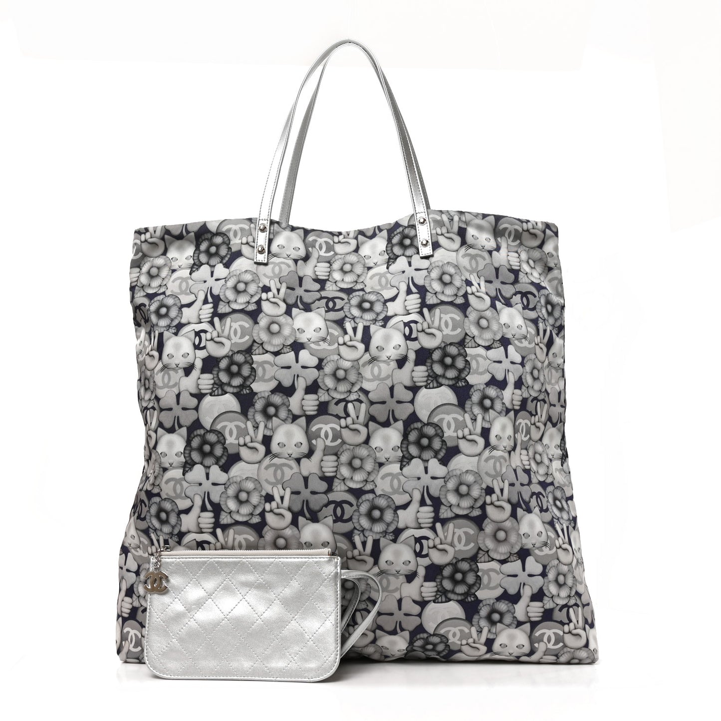Nylon Cat Emoticon Tote Navy Silver