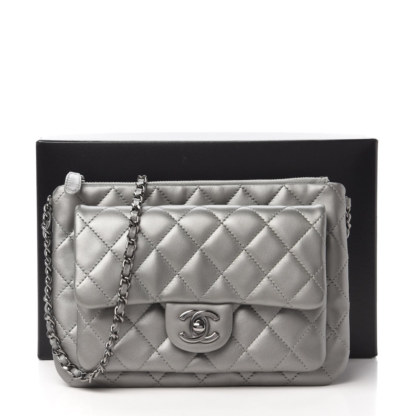 Metallic Calfskin Quilted Daily Zip Crossbody Silver