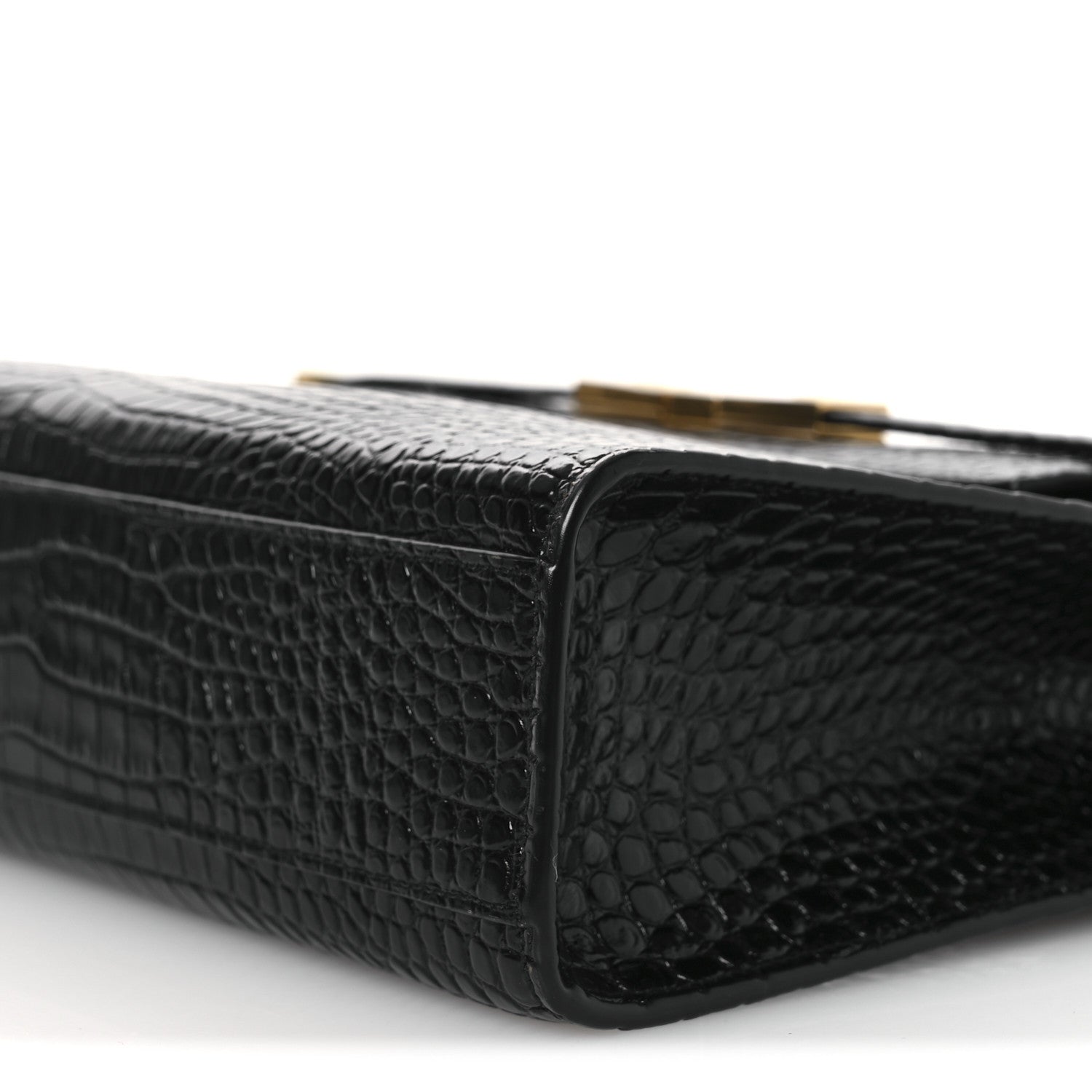 Saint Laurent Shiny Calfskin Crocodile Embossed Manhattan Baguette Black 10 of 12