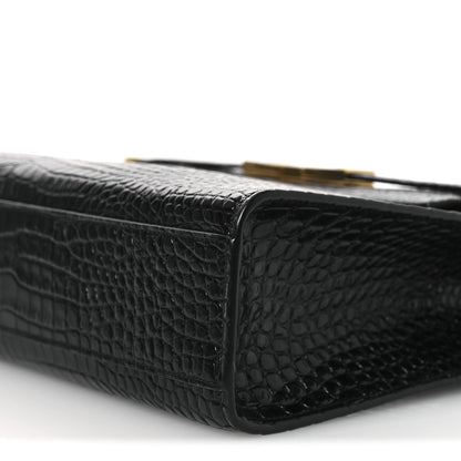Saint Laurent Shiny Calfskin Crocodile Embossed Manhattan Baguette Black 10 of 12