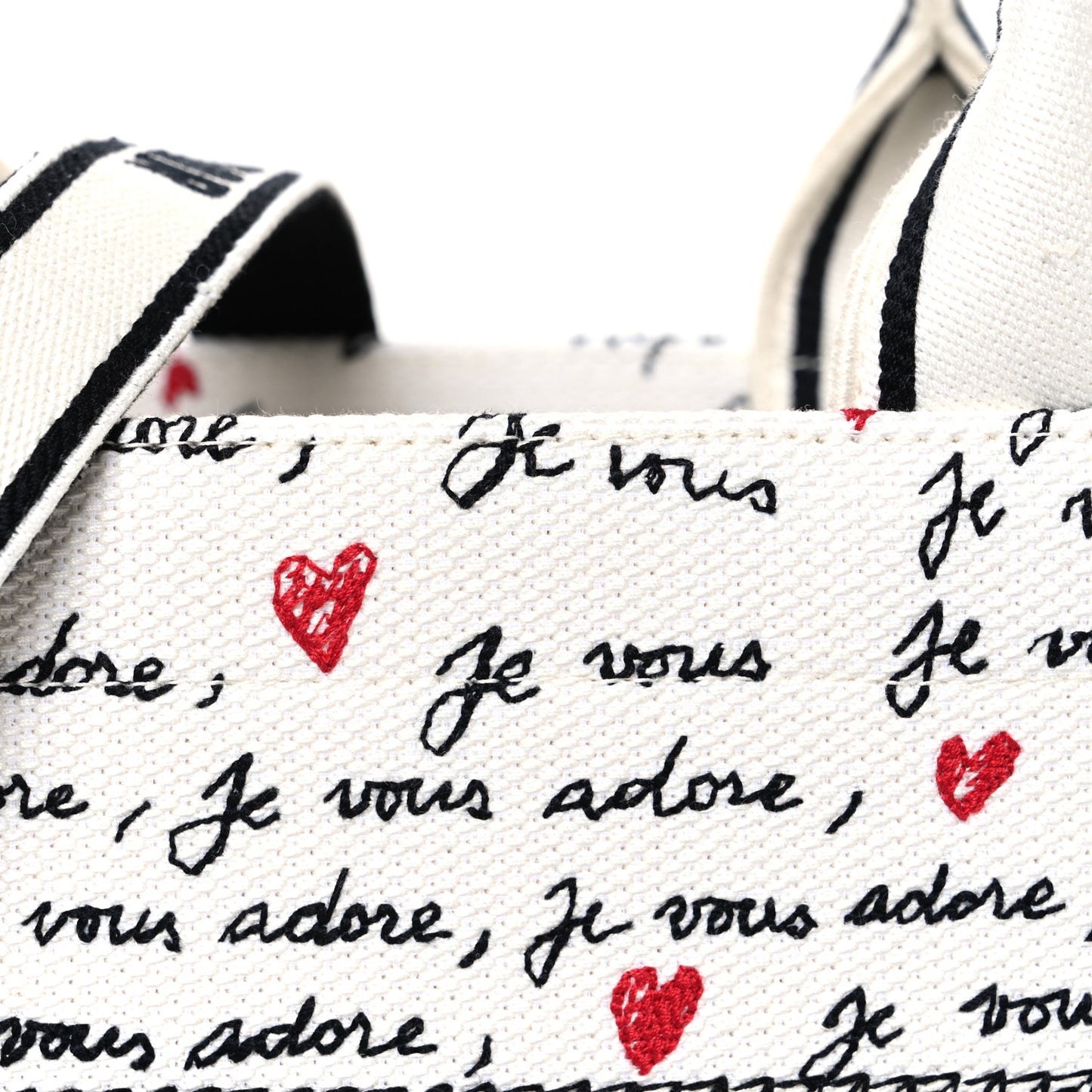 Calfskin Canvas Embroidered Small Dioramour Je Vous Adore Book Tote With Strap White Black Red