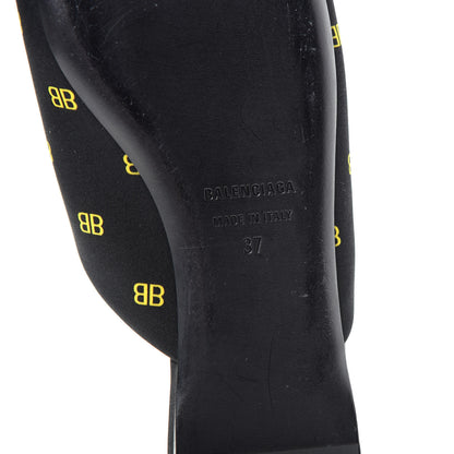 Balenciaga Crepe Satin BB Printed Pointy Toe Knife Flat Mules 37 Black Yellow Fluo 9 of 10
