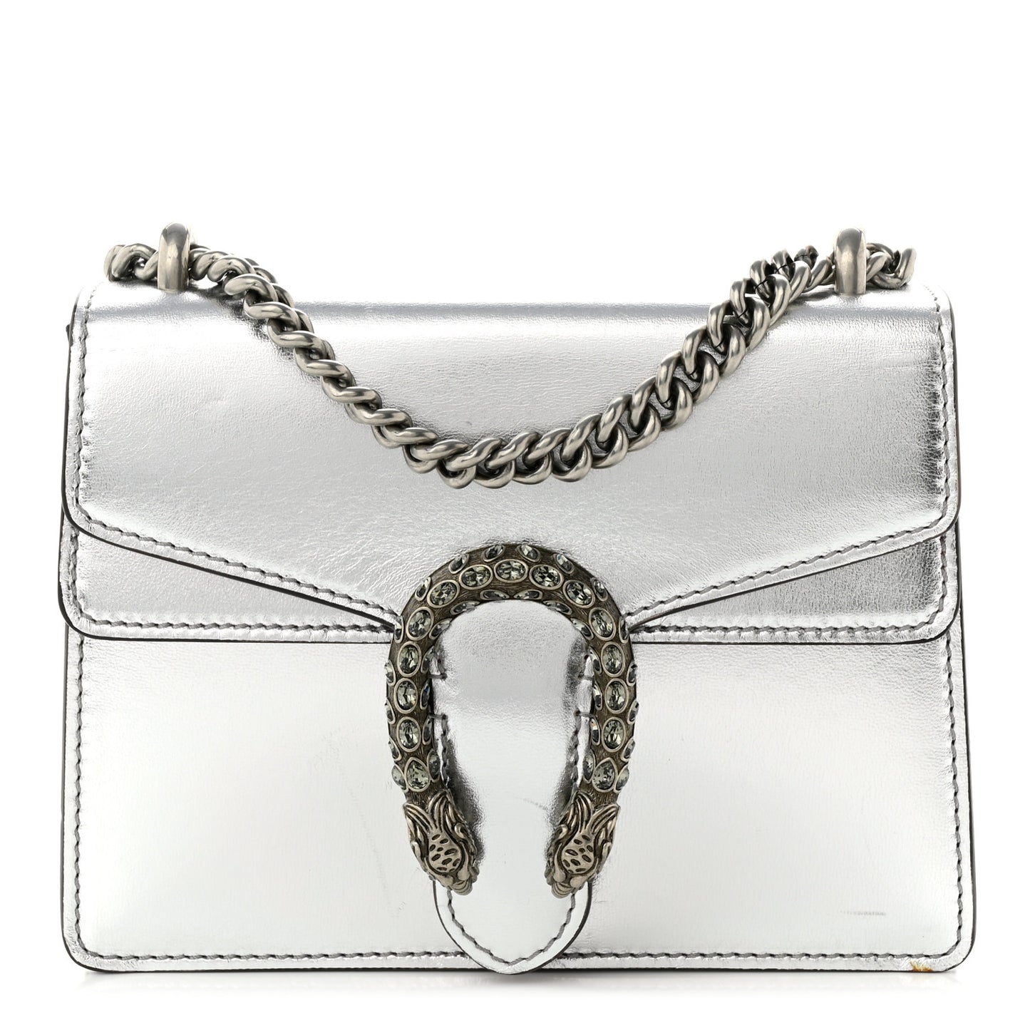 Metallic Calfskin Crystal Mini Dionysus Shoulder Bag Silver