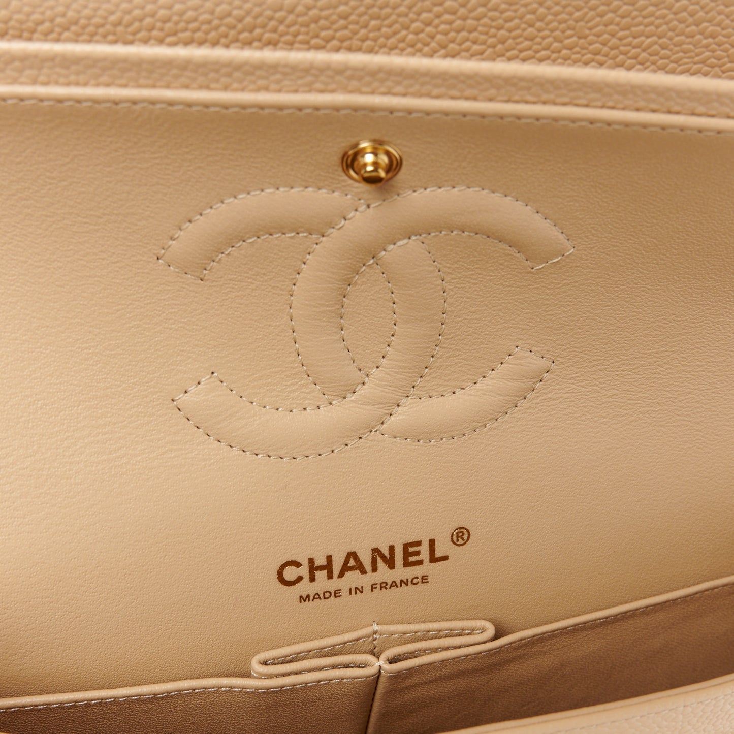 Caviar Quilted Medium Double Flap Light Beige