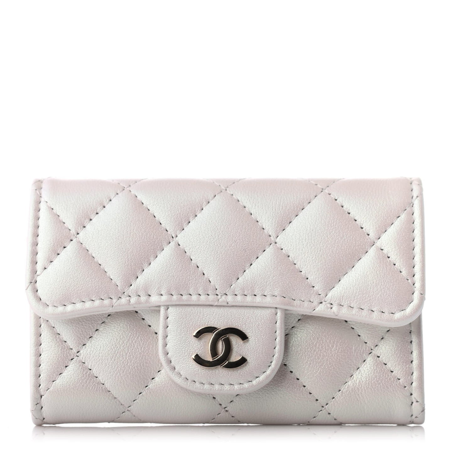 Iridescent Lambskin Quilted Flap Card Holder Wallet Ivory