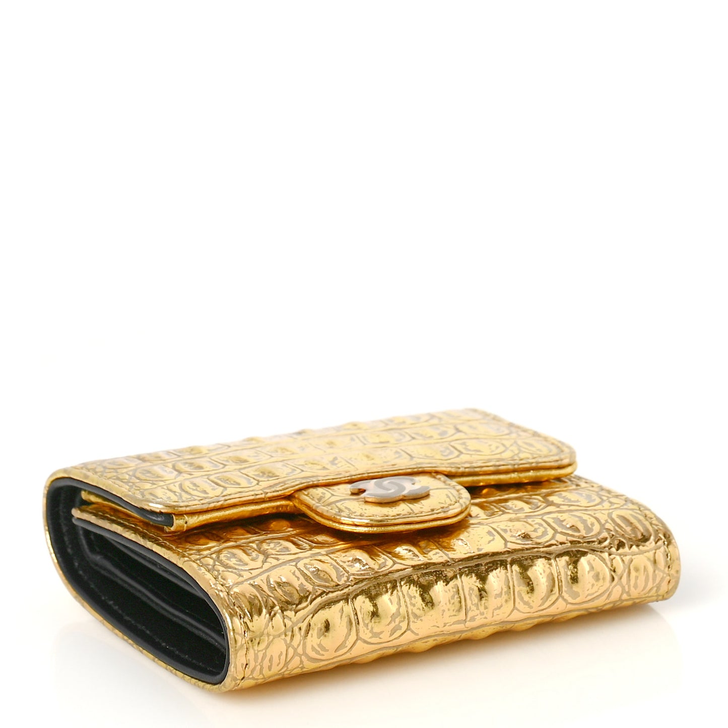 Metallic Calfskin Crocodile Embossed Cocodile Compact Flap Wallet Gold