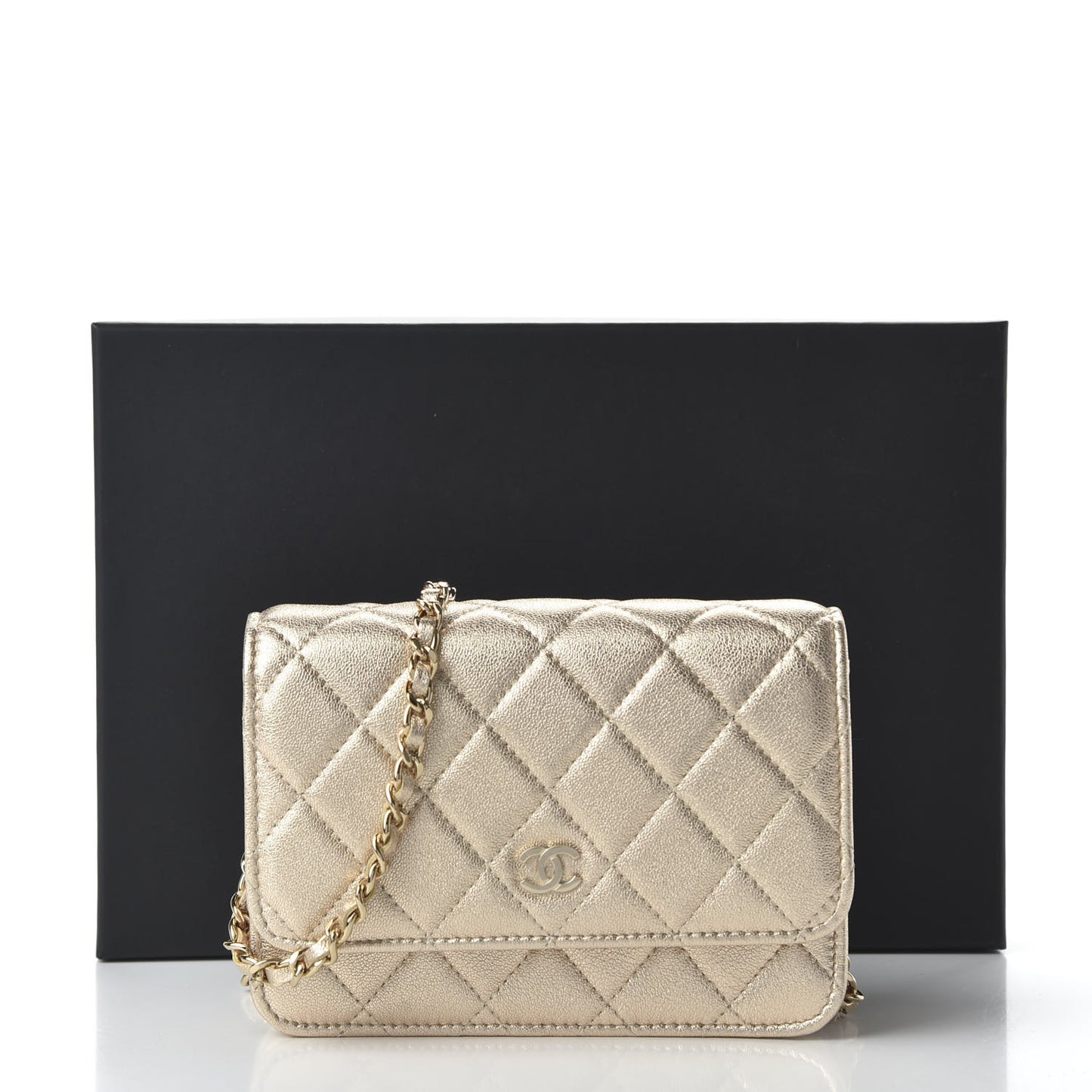 Metallic Lambskin Quilted Mini Wallet On Chain WOC Gold
