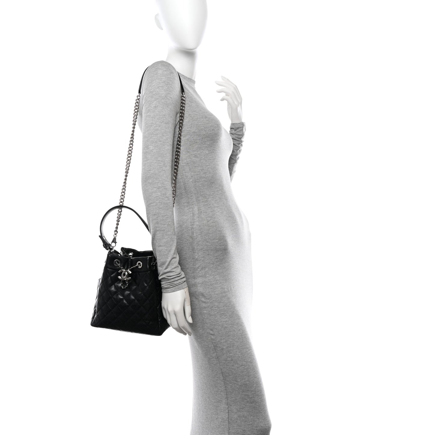 Caviar Flat Quilted CC Chain Bucket Drawstring Bag Black