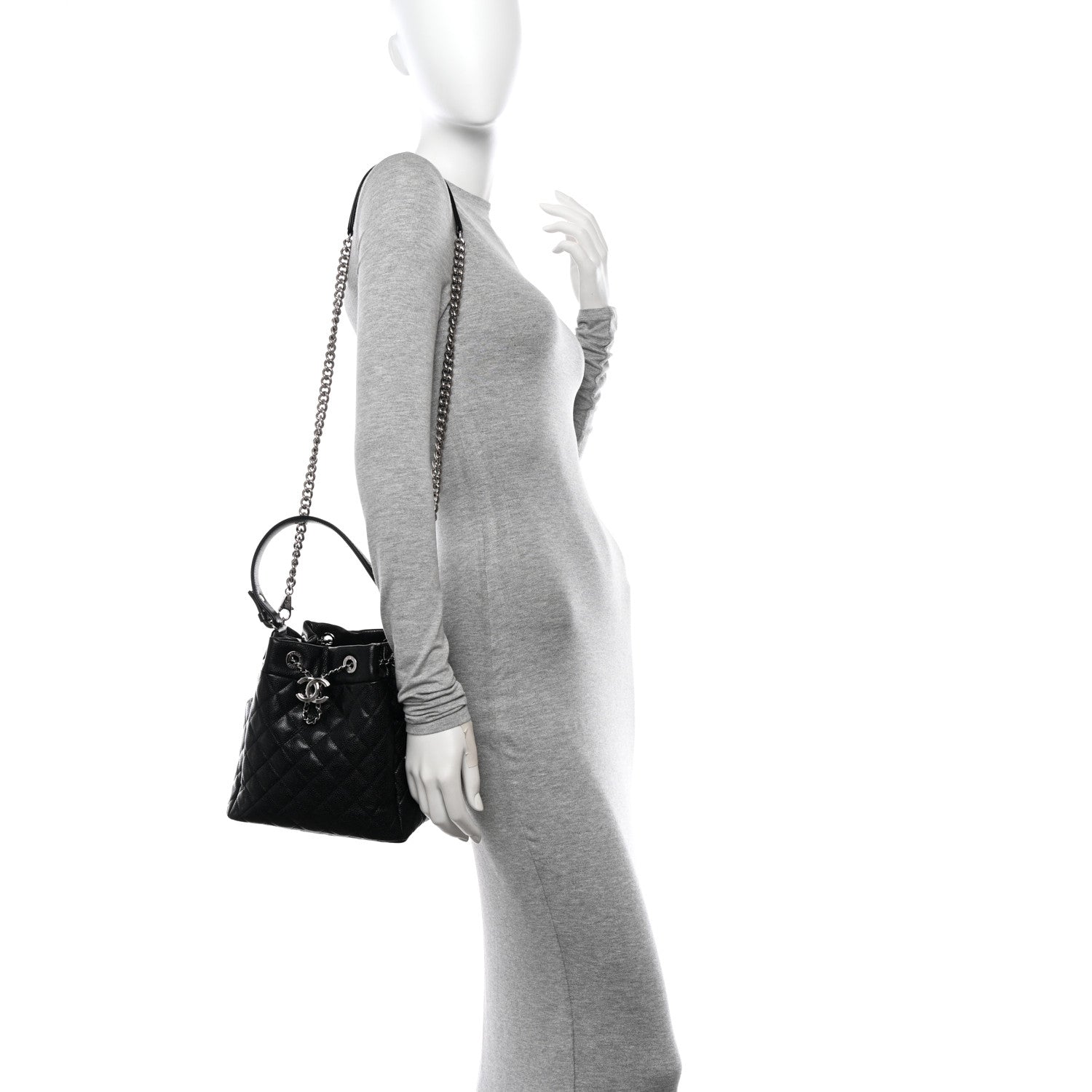 Chanel Caviar Flat Quilted CC Chain Bucket Drawstring Bag Black 2 of 10