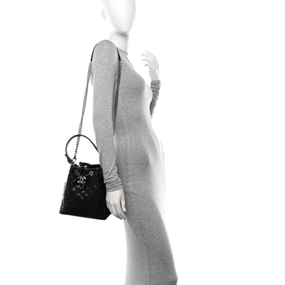 Chanel Caviar Flat Quilted CC Chain Bucket Drawstring Bag Black 2 of 10