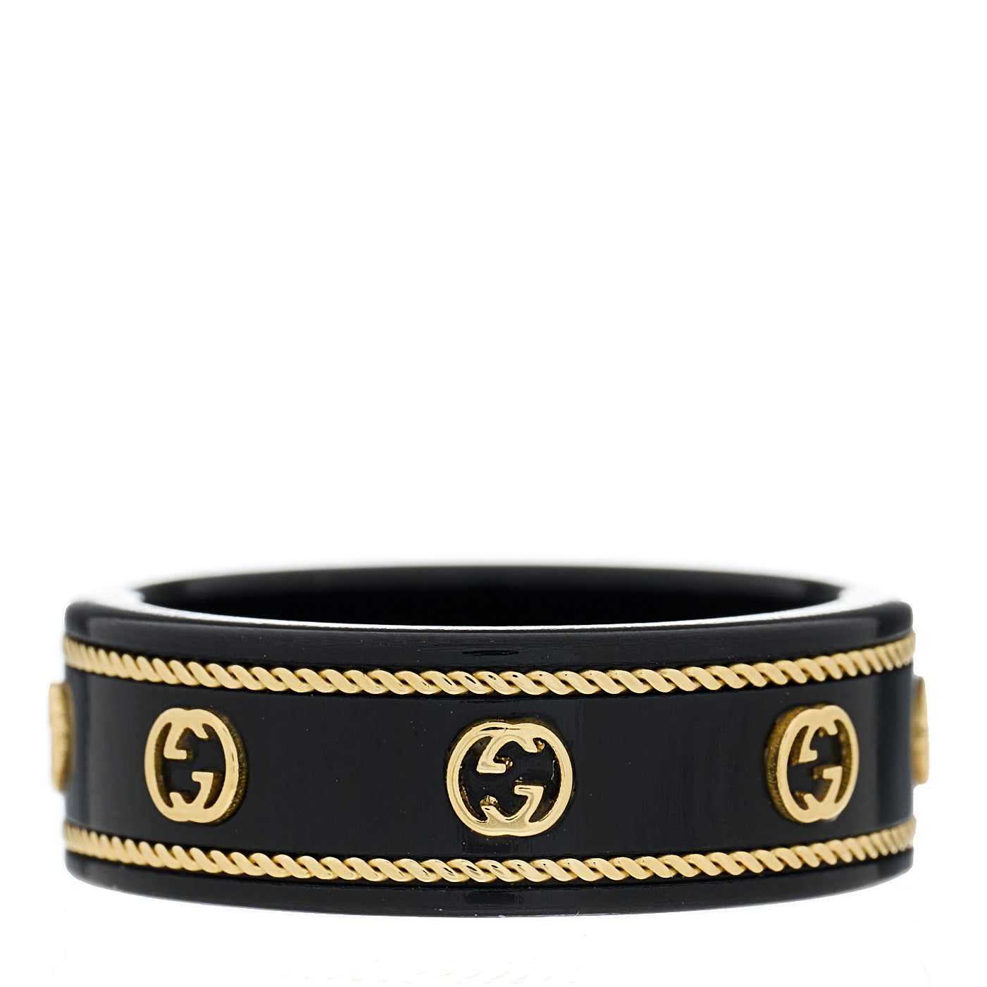 Gucci Black Synthetic Corundum 18K Yellow Gold Interlocking G Band Ring 54 6.75 1 of 8