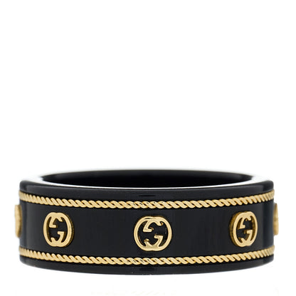 Gucci Black Synthetic Corundum 18K Yellow Gold Interlocking G Band Ring 54 6.75 1 of 8