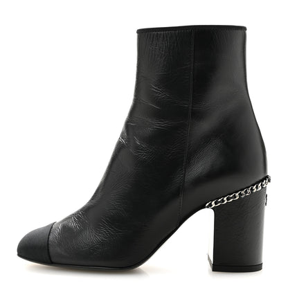 Chanel Crumpled Calfskin Cap Toe Chain Short Boots 35 Black 1 of 10
