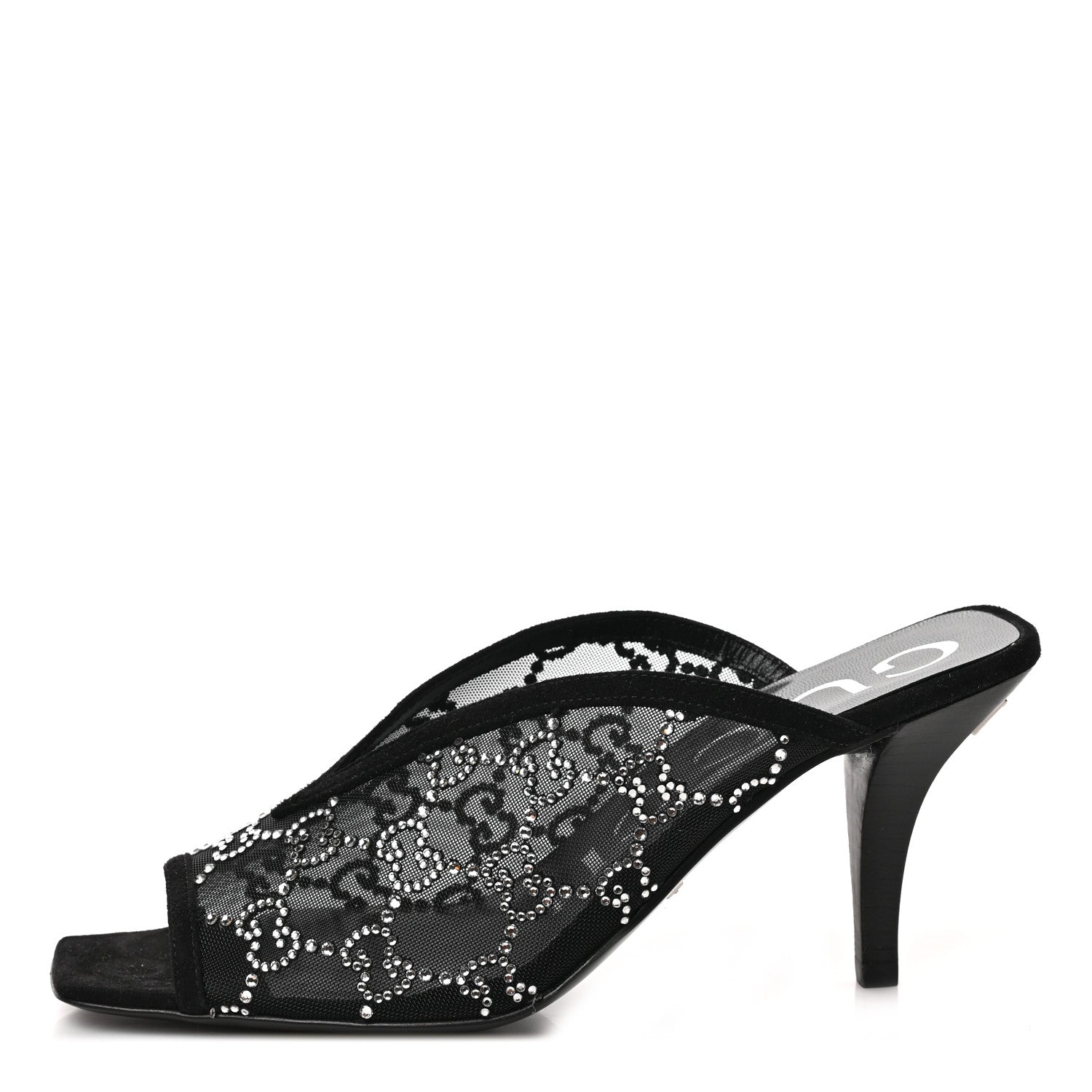 Gucci Tela Retino Kid Scamosciato Crystal GG Monogram Square G 95mm Slide Sandals 36.5 Black 1 of 8
