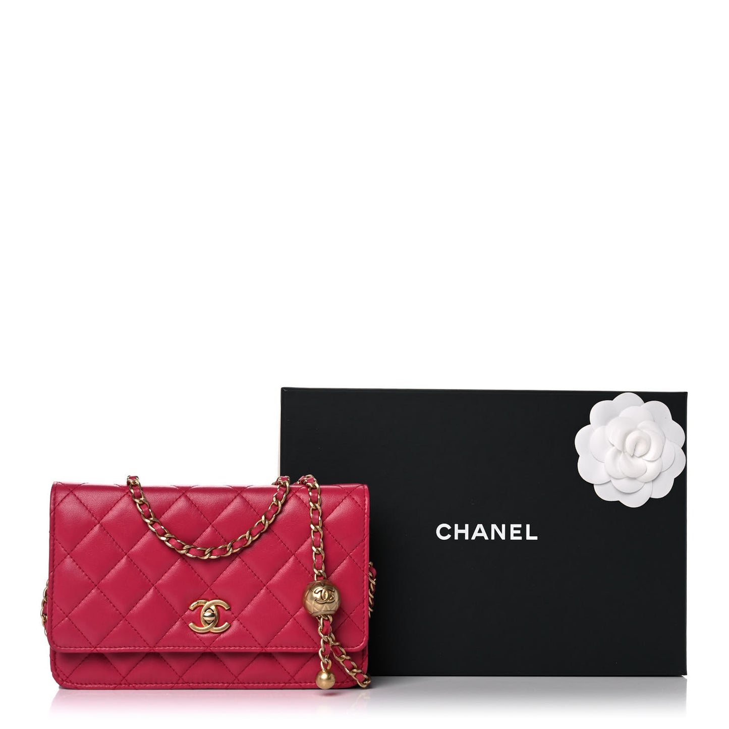 Lambskin Quilted CC Pearl Crush Wallet on Chain WOC Dark Pink
