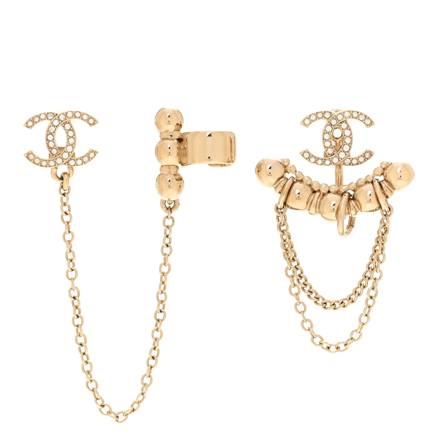 Chanel Metal Crystal CC Chain Cuff Earrings Gold 1 of 5