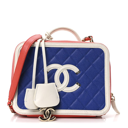 Chanel Caviar Quilted Medium CC Filigree Vanity Case Blue White Red 1 of 9