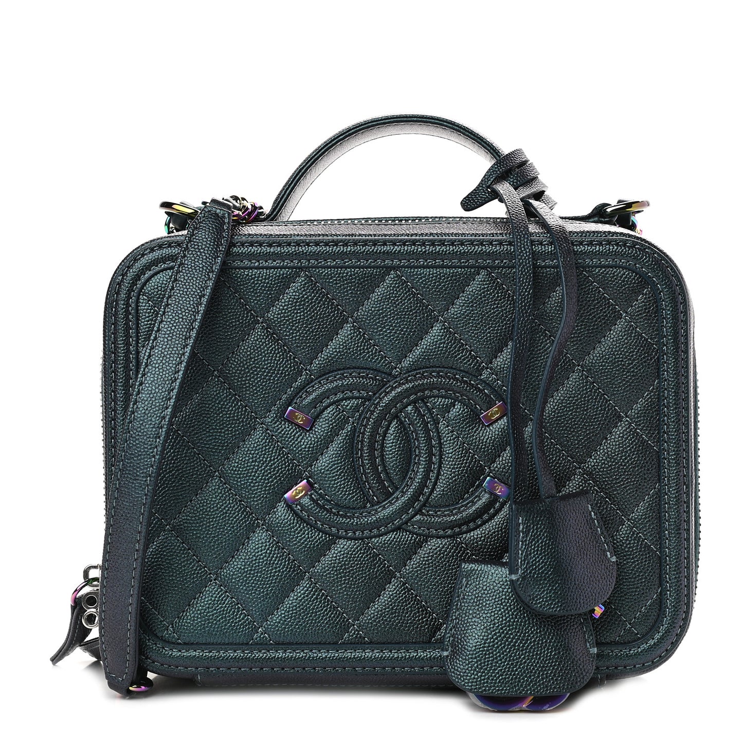 Iridescent Caviar Quilted Medium CC Filigree Vanity Case Dark Turquoise
