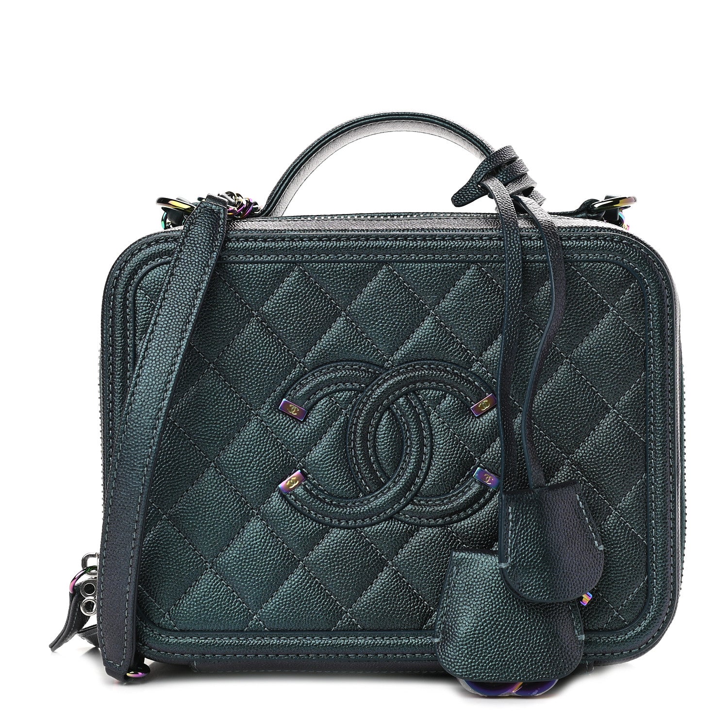 Chanel Iridescent Caviar Quilted Medium CC Filigree Vanity Case Dark Turquoise 1 of 9